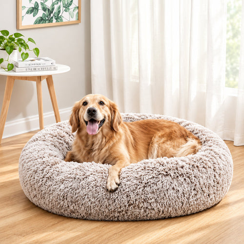 Bedfolks Calming Shag Donut Dog Bed – Round Anti-Anxiety Bolster Cushion with Non-Slip Base